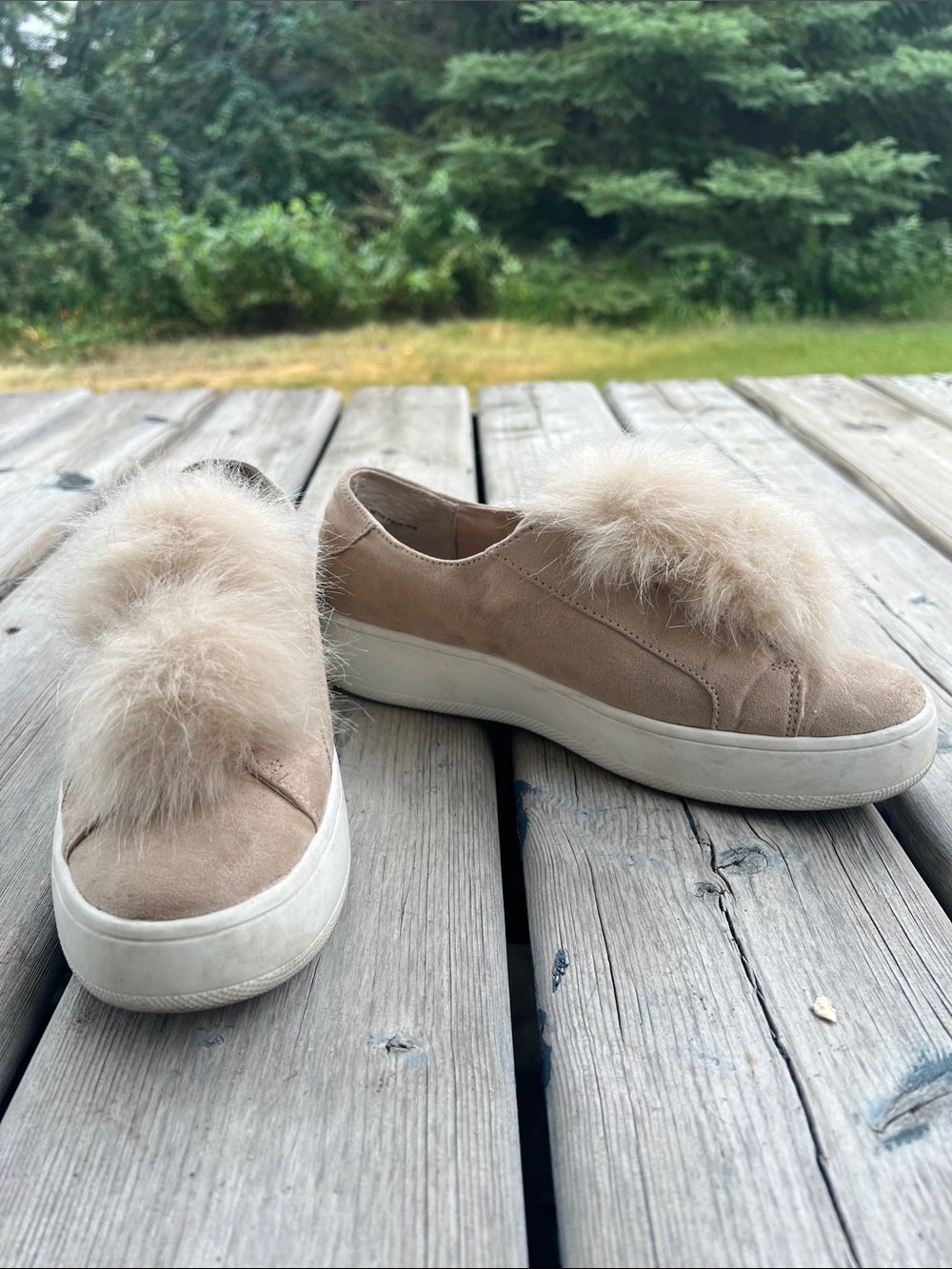 Beige Suede Pom-Pom Slip-On Sneakers
